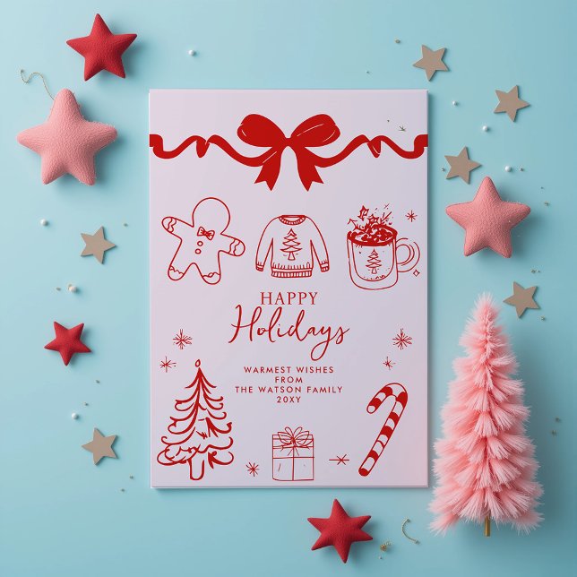 Hand Draodle Bow Red Pink Weihnachten (Hand Drawn Doodle Red Pink Christmas Holiday Card)