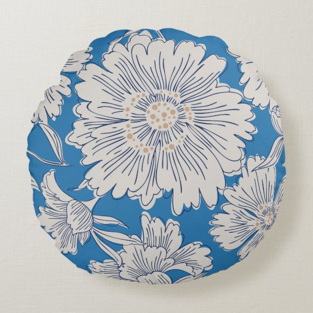 Hand drawn abstract garden flowers. Contour drawin Rundes Kissen (Vorderseite)