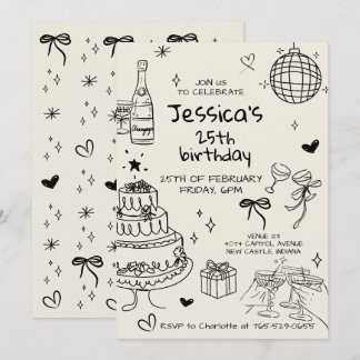 Hand Drawn Adult Handwritten Scribble Birthday  Einladung