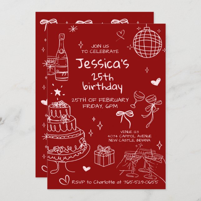 Hand Drawn Adult Handwritten Scribble Birthday  Einladung (Vorne/Hinten)