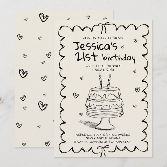 Hand Drawn Adult Scribble Birthday  Einladung (Vorne/Hinten)