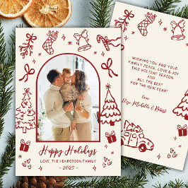 Hand-Drawn Arch Photo Red Beige Christmas Happy Feiertagskarte