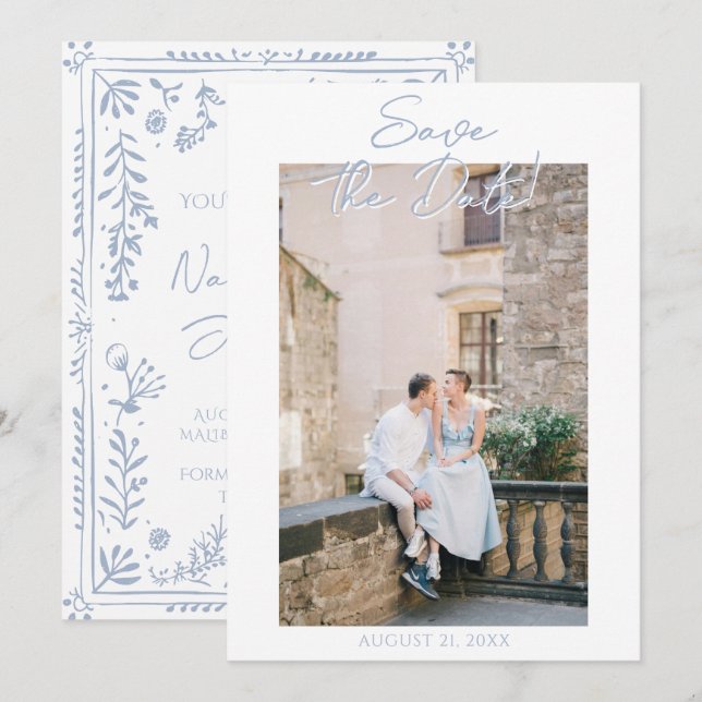 Hand Drawn Azure Blue Floral Garden Photo Wedding Save The Date (Vorne/Hinten)