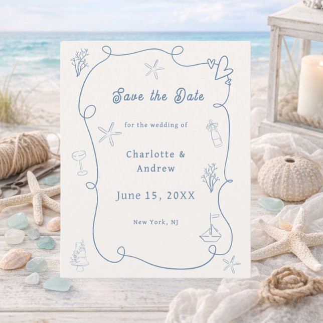 Hand drawn beach blue ivory wedding Save the Date (Von Creator hochgeladen)