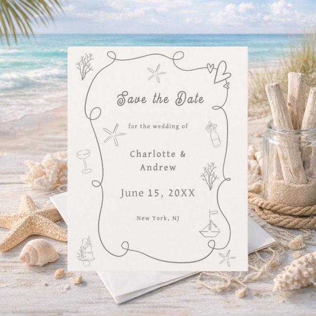 Hand drawn beach ivory taupe wedding Save the Date (Von Creator hochgeladen)