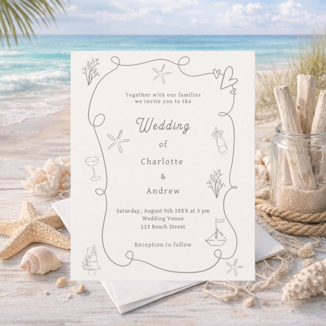 Hand drawn beach sand ivory wedding invitation (Von Creator hochgeladen)