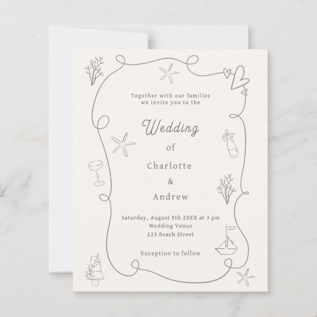 Hand drawn beach sand ivory wedding invitation (Vorderseite)
