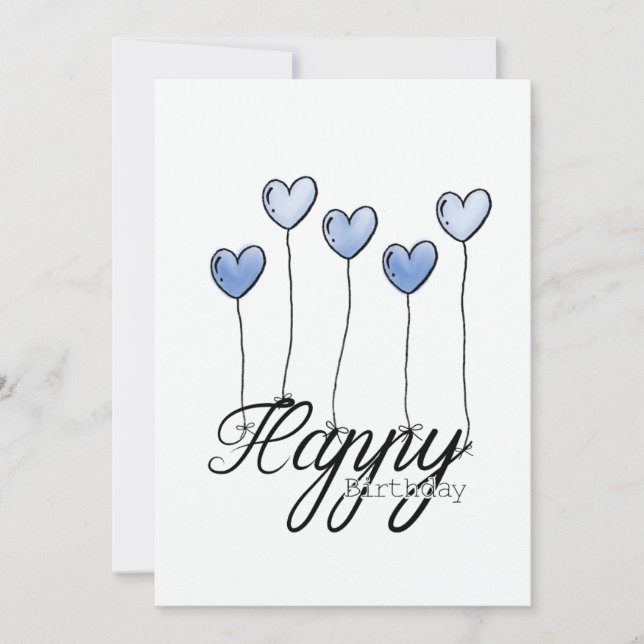 Hand-Drawn Birthday Card w D. Blue Heart Balloons Karte (Vorderseite)