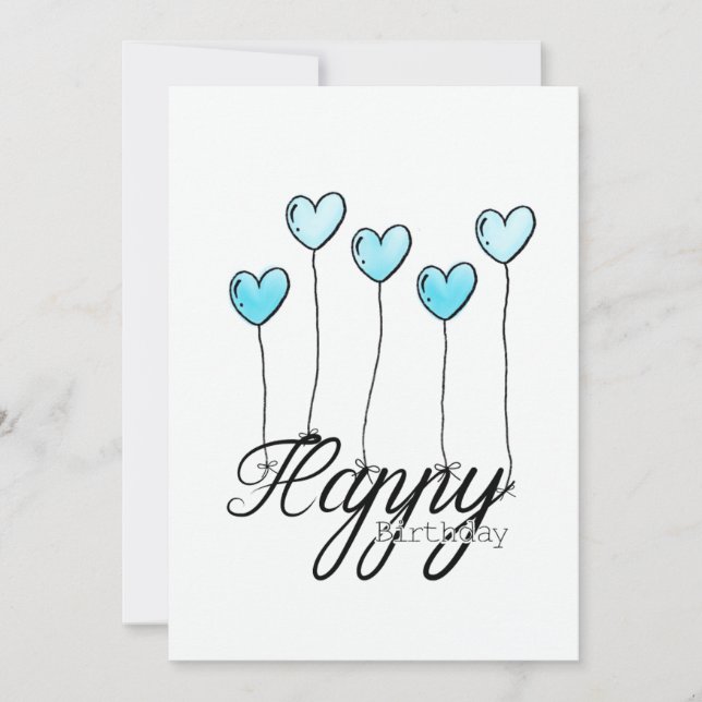Hand-Drawn Birthday Card w L. Blue Heart Balloons Karte (Vorderseite)