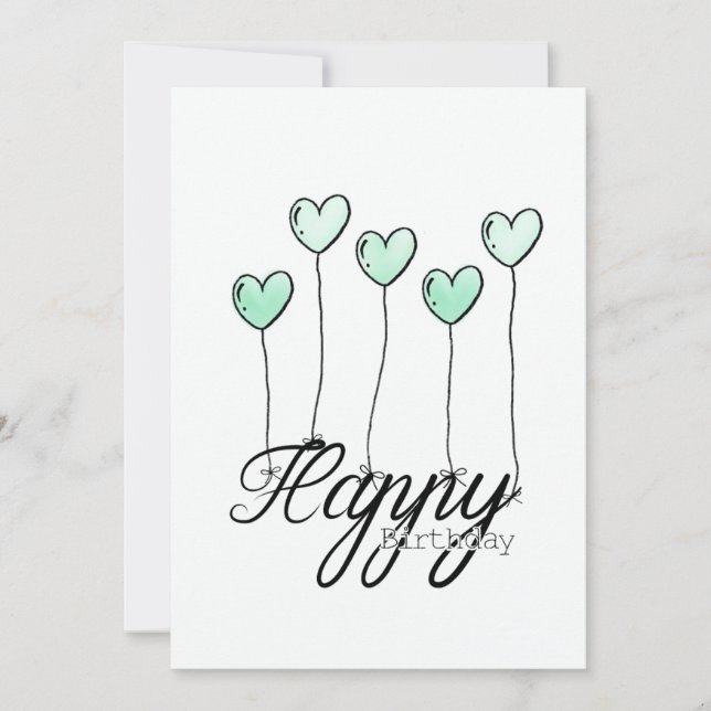 Hand-Drawn Birthday Card w Mint Heart Balloons Karte (Vorderseite)