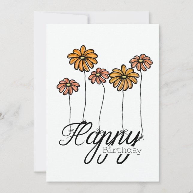 Hand-Drawn Birthday Card w Orange Flower Balloons Karte (Vorderseite)