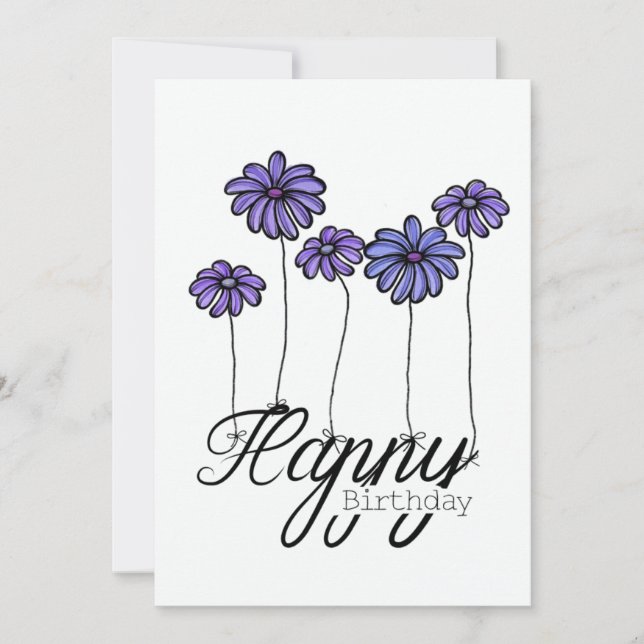 Hand-Drawn Birthday Card w Purple Flower Balloons Karte (Vorderseite)