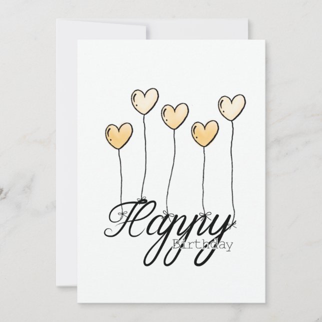 Hand-Drawn Birthday Card w Yellow Heart Balloons Karte (Vorderseite)