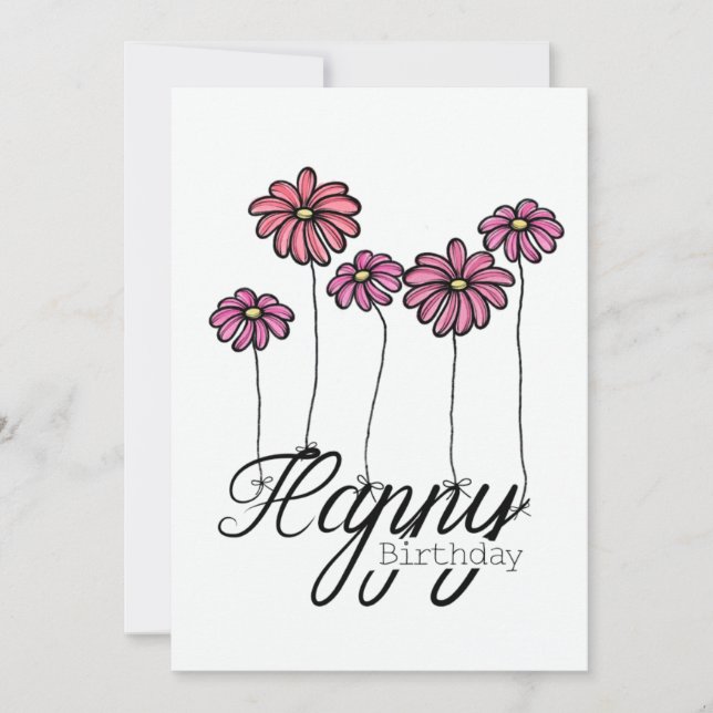 Hand-Drawn Birthday Card With Pink Flower Balloons Karte (Vorderseite)