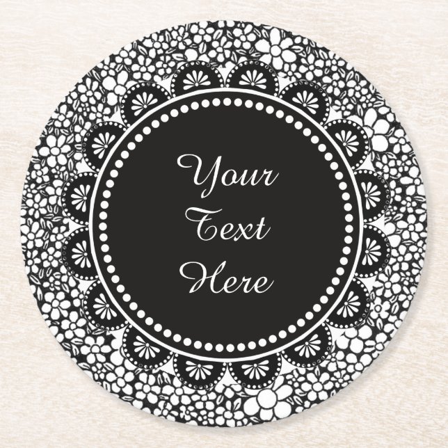 Hand Drawn Black and White Flower Pattern Custom Runder Pappuntersetzer (Vorderseite)