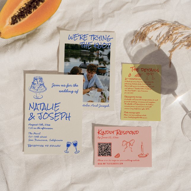 Hand Drawn Blue Cake Bows Funky Unique Wedding  Einladung (Von Creator hochgeladen)