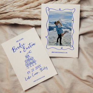 Hand Drawn Blue Squiggle Champagner Tower Wedding Save The Date