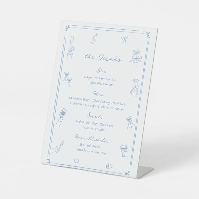 Hand Drawn Blue Wedding Bar Drink Menu Sockelschild (Vorderseite)
