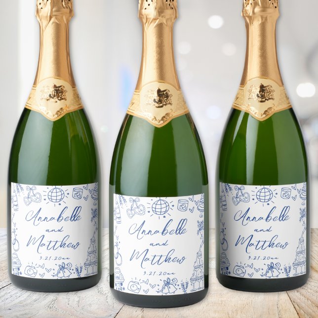 Hand Drawn Blue Whimsical Wedding (Hand Drawn Blue Whimsical Wedding Sparkling Wine Label)