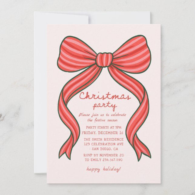 Hand Drawn Bow Christmas Party Invitation  Einladung (Vorderseite)
