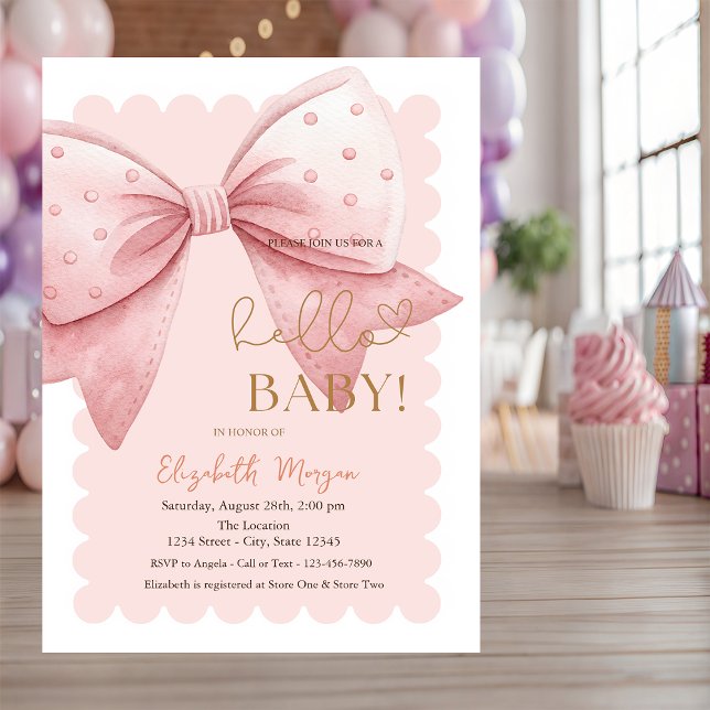  Hand Drawn Bow Dots Frame Pink Baby Shower Einladung (Von Creator hochgeladen)