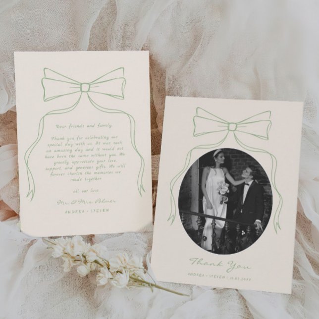 Hand Drawn Bow Green Wedding Foto Dankeskarte (Von Creator hochgeladen)