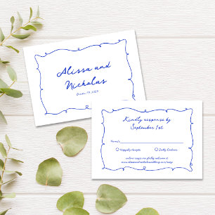 Hand Drawn Bright Blue Border & Script Wedding RSVP Karte