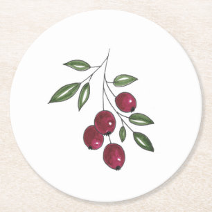 Hand Drawn Burgundy Red Berries Runder Pappuntersetzer
