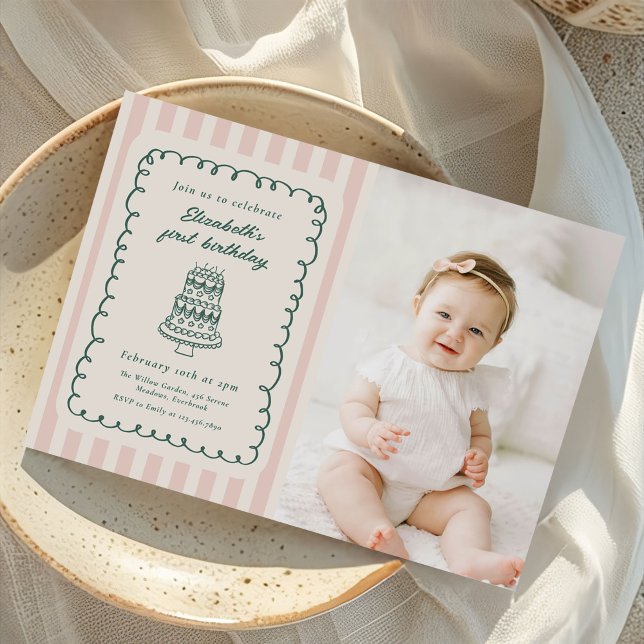 Hand Drawn Cake Quirky Unique 1st Birthday Photo Einladung (Von Creator hochgeladen)