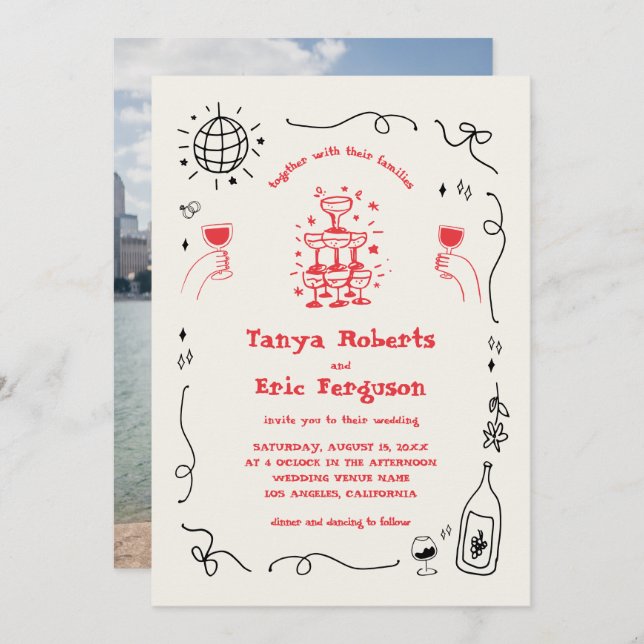 Hand Drawn Champagne Cocktail Whimsical Wedding Einladung (Vorne/Hinten)