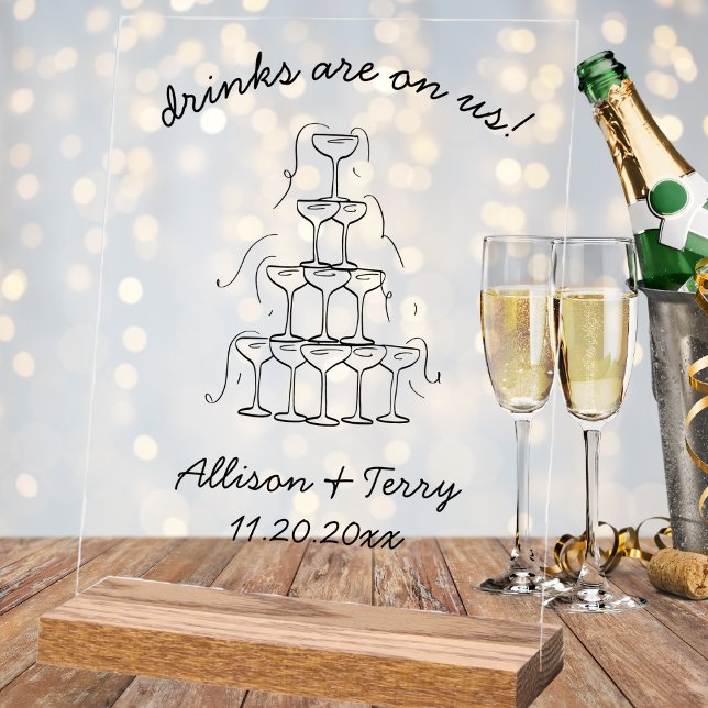 Hand Drawn Champagne Doodle Open Bar Wedding Sign Acrylschild (hand drawn champagne tower wedding open bar clear acrylic sign quirky whimsical reception decor)