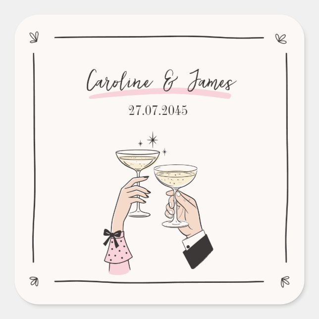 Hand Drawn Champagner Toast Hochzeitsticker Quadratischer Aufkleber (Vorderseite)