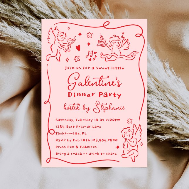 Hand Drawn Cherubs Pink Red Galentine's Day Party Einladung (Von Creator hochgeladen)