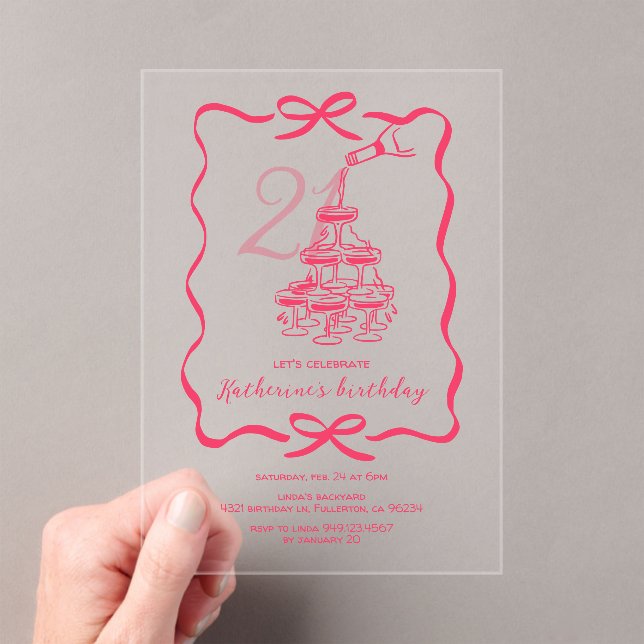 Hand Drawn Chic Pink Champagne 21st Birthday Party Acryleinladungen (Insitu (Handheld))