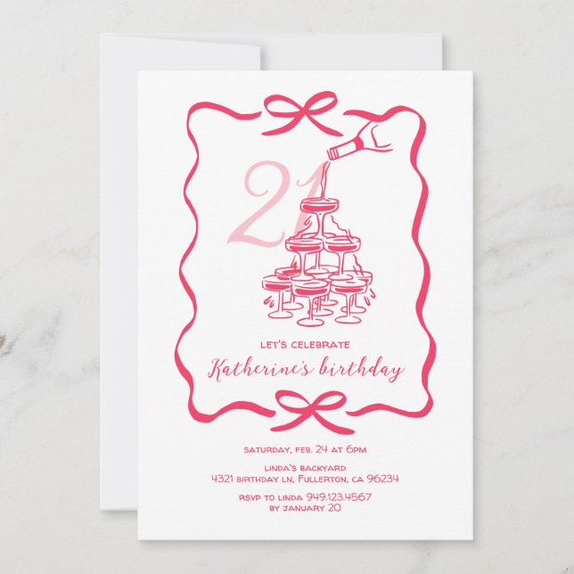 Hand Drawn Chic Pink Champagne 21st Birthday Party Einladung (Vorderseite)