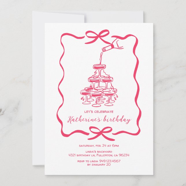 Hand Drawn Chic Pink Champagne Birthday Party Einladung (Vorderseite)