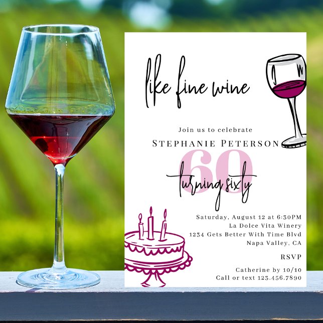 Hand Drawn Chic Scribble Wine & Cake 60th Birthday Einladung (Von Creator hochgeladen)