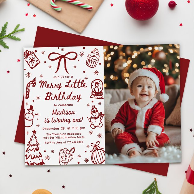 Hand Drawn Christmas Merry Little Birthday Photo Einladung (Von Creator hochgeladen)
