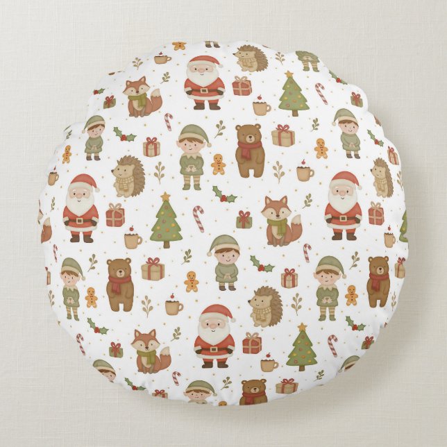 Hand Drawn Christmas Woodland Round Pillow Rundes Kissen (Vorderseite)