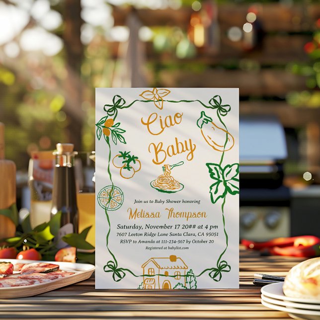 Hand Drawn Ciao Italian Pizza & Pasta Baby Shower Einladung (Von Creator hochgeladen)