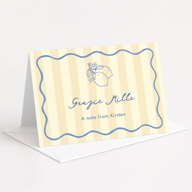 Hand Drawn Ciao Miss Yellow & Blue Brautparty Dankeskarte (Grazie Mille Italian theme bridal shower thank you card in yellow and blue with hand drawn icons)