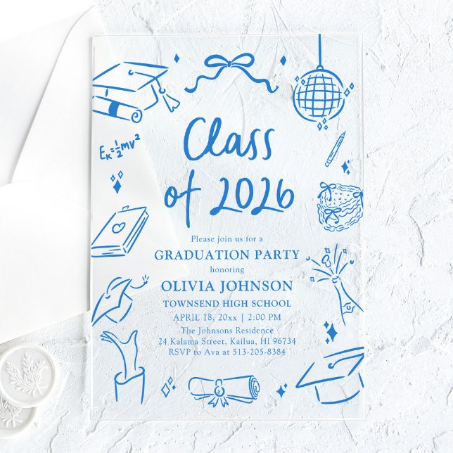 Hand Drawn Class of 2026 Blue Graduation Party Acryleinladungen (Hand Drawn Class of 2026 Blue Graduation Party Acrylic Invitations)