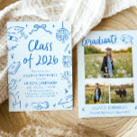 Hand Drawn Class of 2026 Blue Graduation Party Einladung<br><div class="desc">Celebrate this incredible milestone in bold, modern style 💙🎓✨ This Hand Drawn Class of 2026 Blue Graduation Party Invitation is playful, confident, and full of personality. Featuring fun doodle icons, trendy handwritten typography, and fresh blue accents, this design blends modern charm with a clean, stylish layout. Graduation caps, books, bows,...</div>