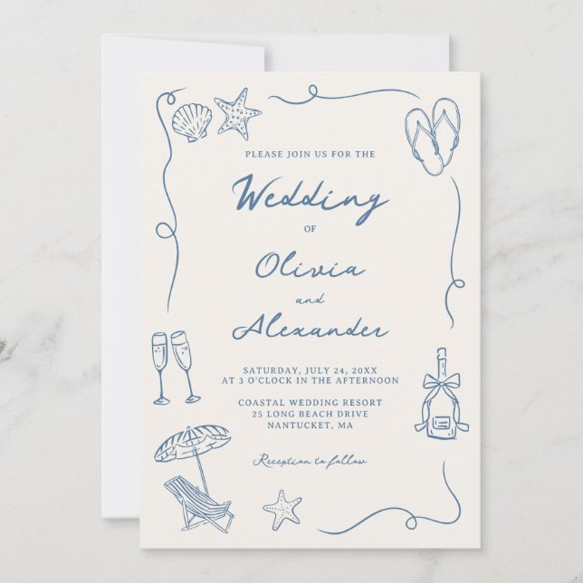 Hand Drawn Coastal Beach Dusty Blue Ivory Wedding Einladung (Vorderseite)