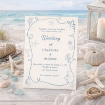 Hand drawn coastal beach dusty blue ivory wedding