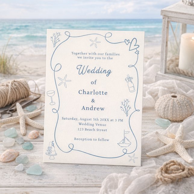 Hand drawn coastal beach dusty blue ivory wedding einladung (Von Creator hochgeladen)