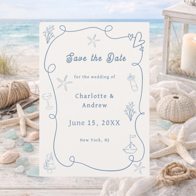 Hand drawn coastal beach dusty blue ivory wedding save the date (Von Creator hochgeladen)