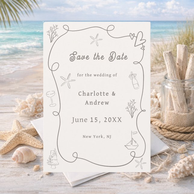 Hand drawn coastal beach ivory taupe sand wedding save the date (Von Creator hochgeladen)