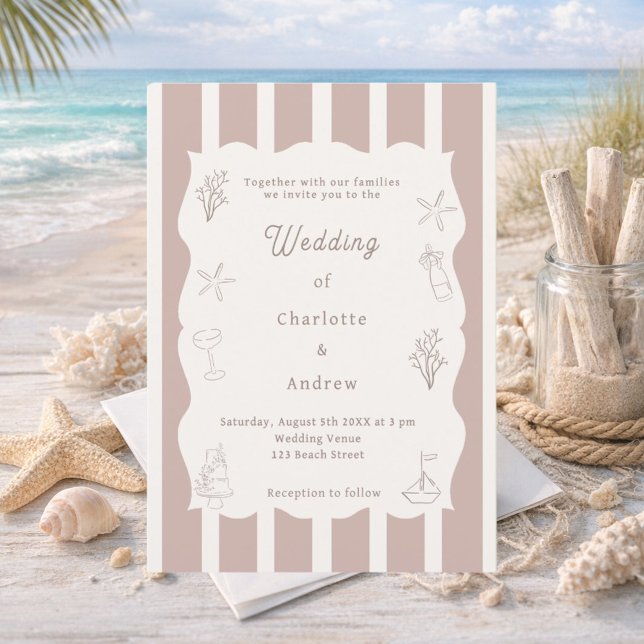 Hand drawn coastal beach ivory taupe wedding einladung (Von Creator hochgeladen)