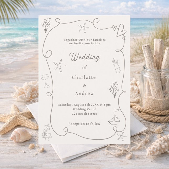 Hand drawn coastal beach taupe sand ivory wedding einladung (Von Creator hochgeladen)